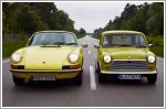 The classic Mini congratulates the Porsche 911 on its 50th birthday