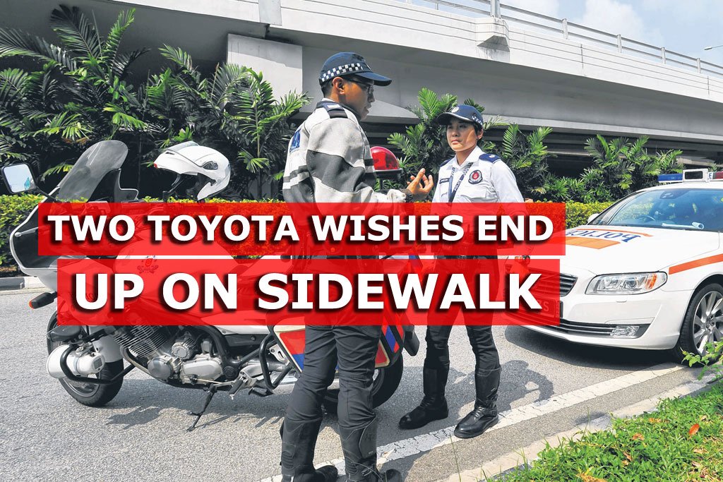 Toyota Wish passenger car and taxi end up on sidewalk in Tampines after accident